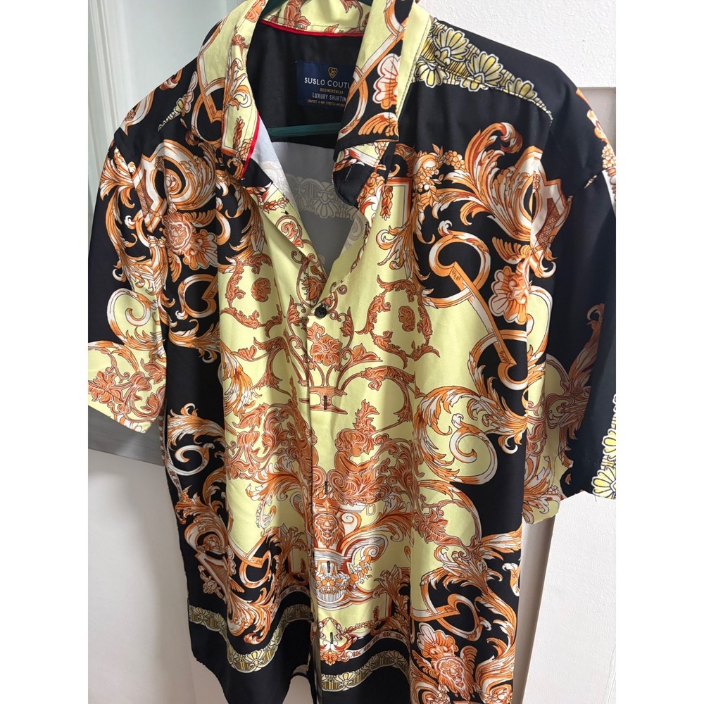 Suslo Couture Mens XXL Baroque Filigree Luxury Shirt Black Gold Stretch Short Sl